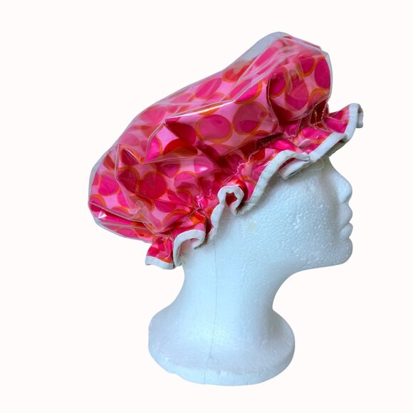 Vinyl Shower Cap Pink Polka Dot Retro 1960s VTG Pin Up Bathroom Hair Mod Glam - Picture 6 of 12
